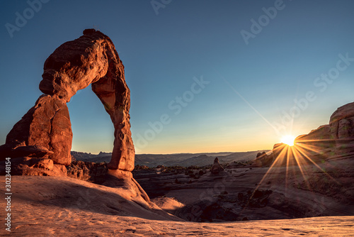 Beautiful sunset with Delicate Arch at Arches National Park