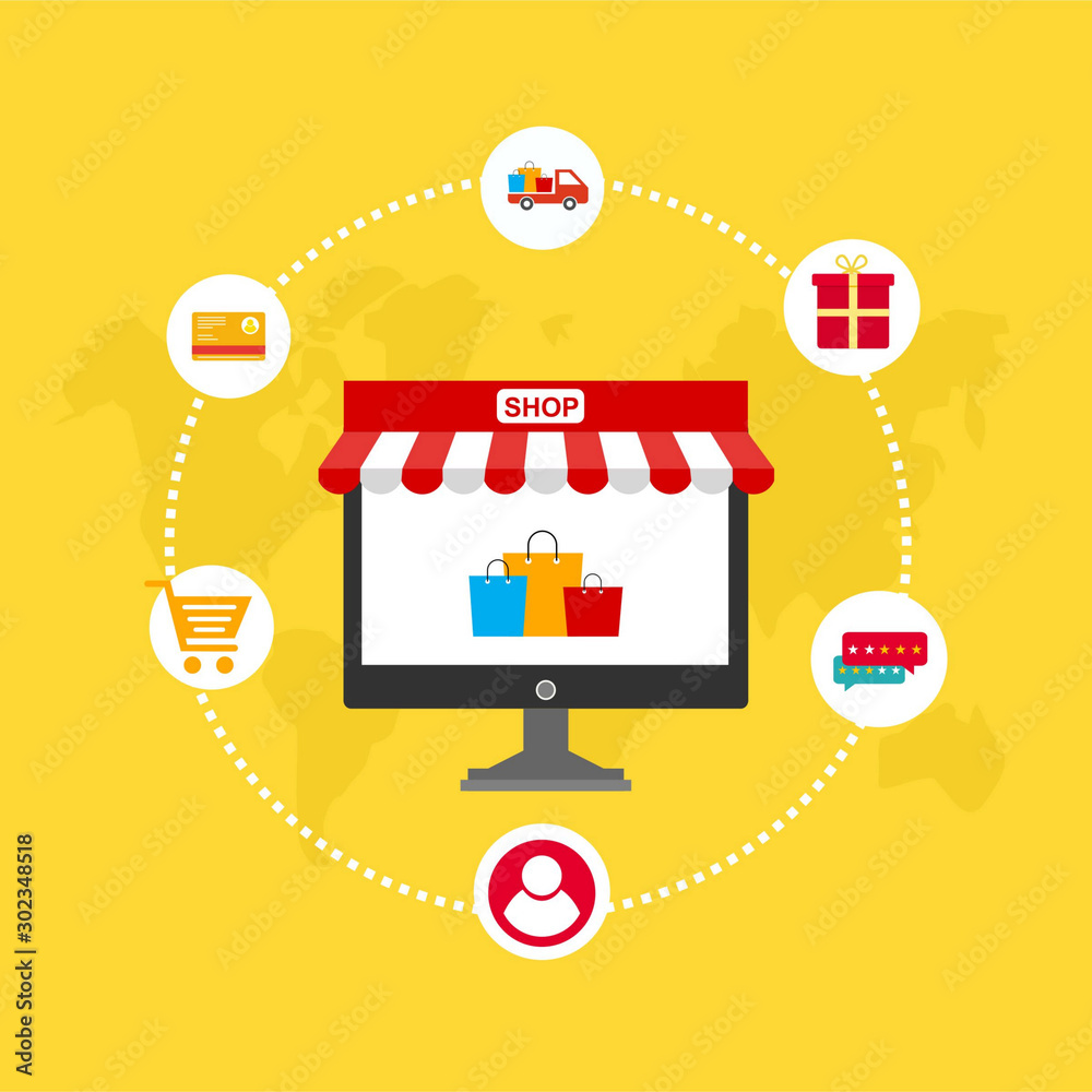 Shopping Online concept desktop with computer. Vector Concept Marketing and Digital marketing Shopping Online concept desktop with computer. Vector Concept Marketing and Digital marketing
