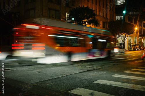 blurry bus in Los Angeles at night
