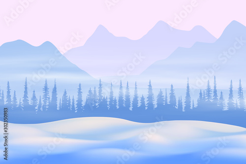 Fantasy on the theme of the winter landscape. Dawn sky and snow drifts. Vector illustration, EPS10