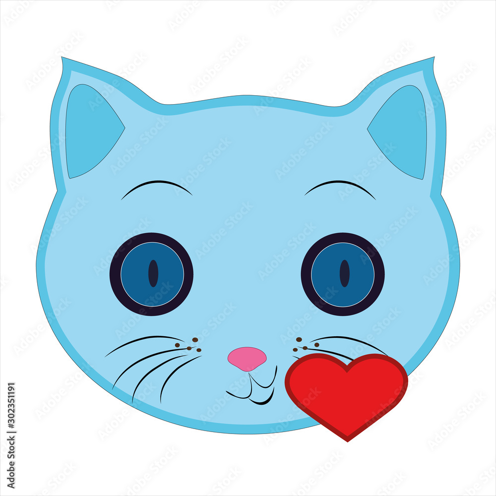 Obraz premium Flat drawing of a cat. An Emoji that sends a heart-shaped kiss. The face of a blue cat. Red heart. Signs and symbols of the cat. Vector