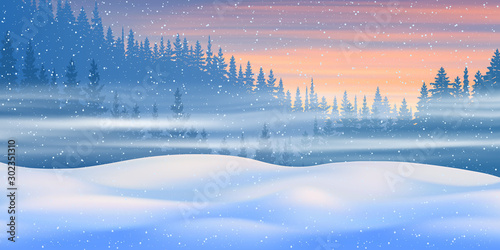 Fantasy on the theme of the winter landscape. Dawn sky and snow drifts. Vector illustration, EPS10