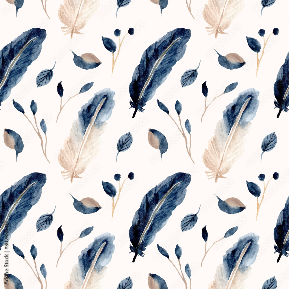 blue feather and leaf watercolor seamless pattern - obrazy, fototapety, plakaty 