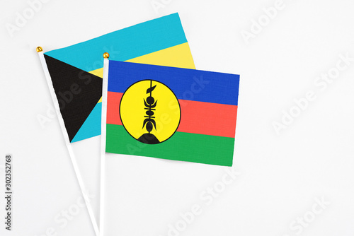 Free Download New Caledonia and Bahamas stick flags on white background. High quality fabric, miniature national flag. Peaceful global concept.White floor for copy space. - GFXLoad