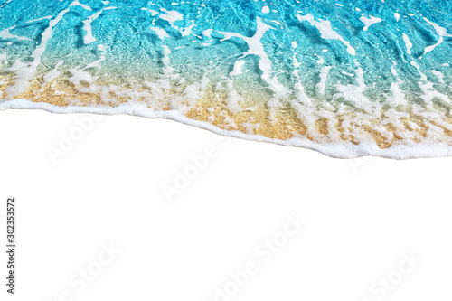 Fototapeta Naklejka Na Ścianę i Meble -  Blue sea wave tide pattern on white background isolated closeup top view, turquoise ocean water surf texture, summer holidays frame border, tropical vacation backdrop, travel banner design, copy space
