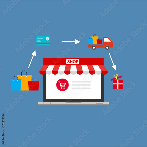 Online shopping laptop icon . Flat design people and technology concept. Vector illustration for web banner, business presentation, advertising material.