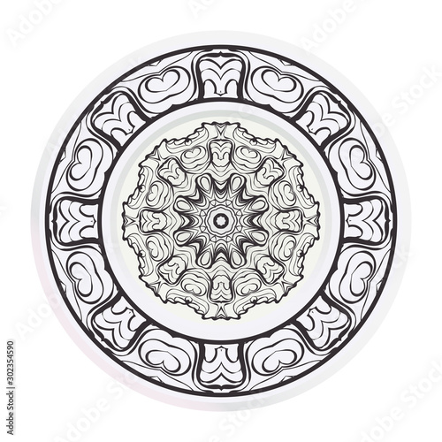 decorative plates for interior design. Empty dish  porcelain plate mock up design. Vector illustration. Decorative plates with Mandala ornament patterns. Home decor background