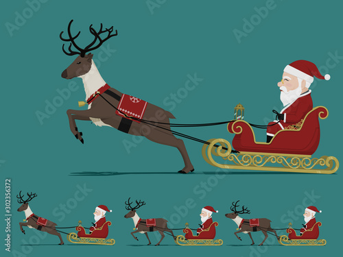 Isolate Santa Claus on city sleight with a running reindeer