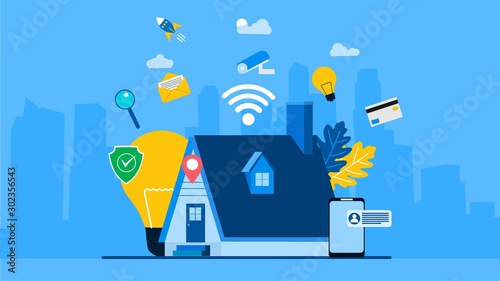 Website or landing page of Concept home with technology system.Smart home control concept,Vector Illustration, Suitable For web landing page,Wallpaper, Background, Card, banner,Book Illustration