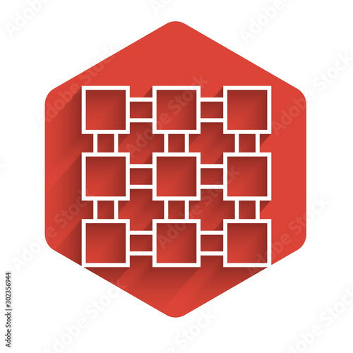 White line Blockchain technology icon isolated with long shadow. Cryptocurrency data. Abstract geometric block chain network technology business. Red hexagon button. Vector Illustration