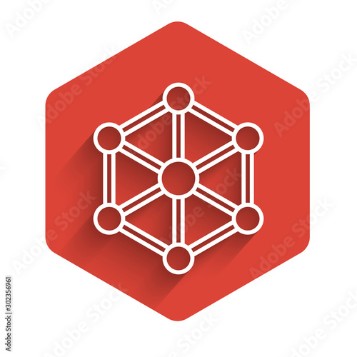 White line Blockchain technology icon isolated with long shadow. Cryptocurrency data. Abstract geometric block chain network technology business. Red hexagon button. Vector Illustration