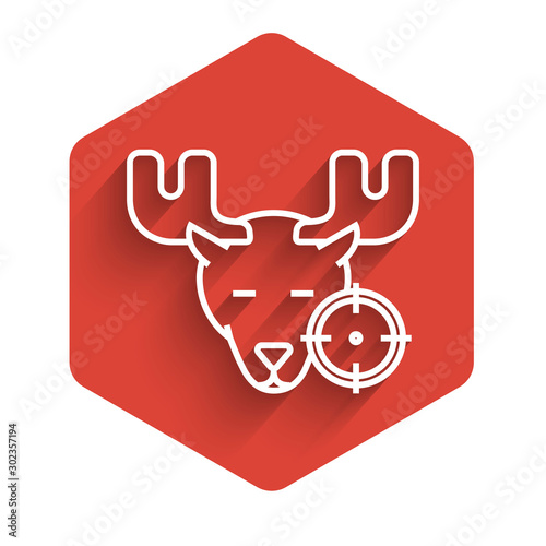 White line Hunt on moose with crosshairs icon isolated with long shadow. Hunting club logo with moose and target. Rifle lens aiming a moose. Red hexagon button. Vector Illustration