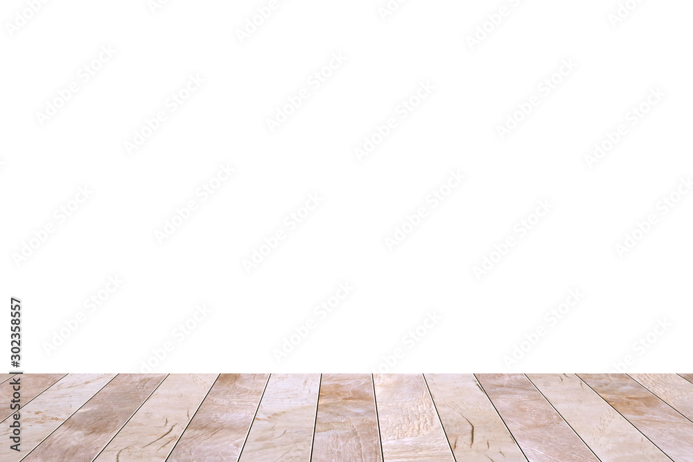 Wood table top isolated on white background. Used for product placement or montage.