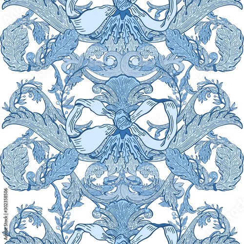 Seamless pattern baroque blue color.Vintage floral victorian ornamental.