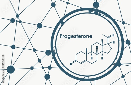 Progesterone hormone chemical molecular formula. Biochemistry and gynecology illustration. Connected lines with dots background