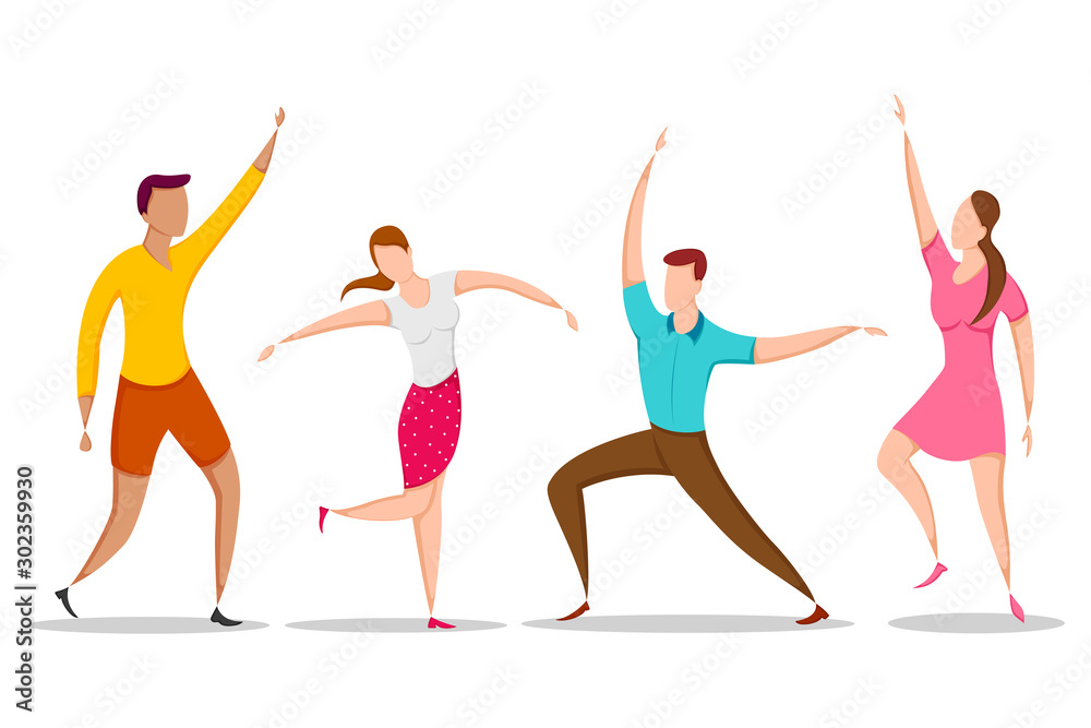 easy to edit vector illustration of group of dancing people friend colleague celebrating birthday, new year disco dance holiday