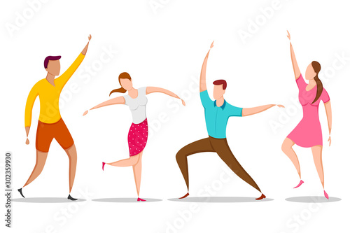 easy to edit vector illustration of group of dancing people friend colleague celebrating birthday, new year disco dance holiday