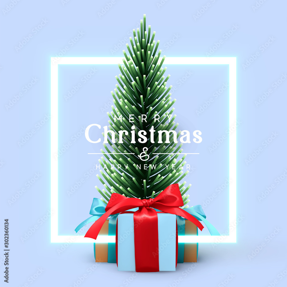 Christmas lush tree with group of realistic gift boxes with red and ...