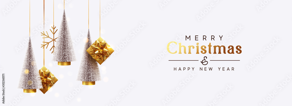 Christmas banner Background realistic festive gifts box. Christmas lush tree silver color. Xmas present. Horizontal New Year poster, greeting card, header for website. Gold and white decor ornaments - obrazy, fototapety, plakaty 