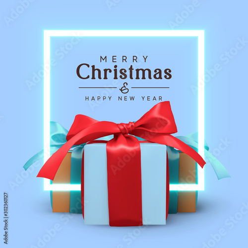 Christmas background with group of realistic gift boxes with red and blue ribbon bow. Xmas presents. Neon frame, light border. Festive decorative objects.