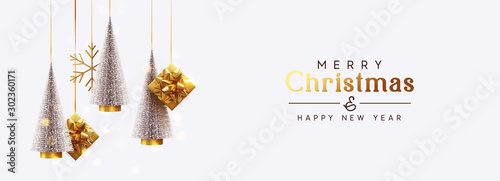 Christmas banner Background realistic festive gifts box. Christmas lush tree silver color. Xmas present. Horizontal New Year poster, greeting card, header for website. Gold and white decor ornaments