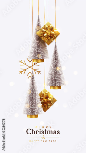 Merry Christmas and Happy New Year. Background with realistic festive gifts box. Christmas lush tree silver color. Xmas present. Golden baubles, balls, glitter gold confetti. metallic bronze snowflake