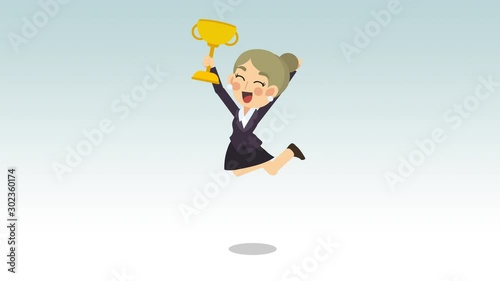 2d cartoon Character Animation, Businesswoman is smile and happy with trophy in her hand also jumping up.  2d Character Animation loop isolated, matte