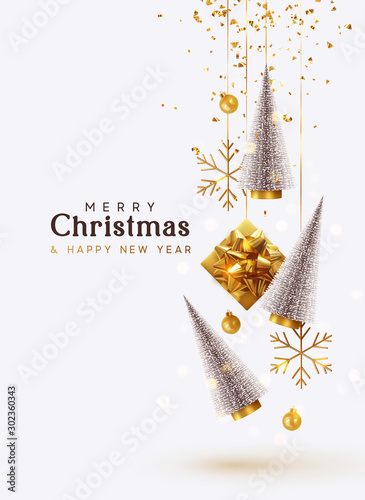 Merry Christmas and Happy New Year. Background with realistic festive gifts box. Christmas lush tree silver color. Xmas present. Golden baubles, balls, glitter gold confetti. metallic bronze snowflake