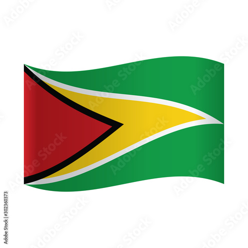 National flag of Guyana: black framed red triangle within white framed yellow one on green background.