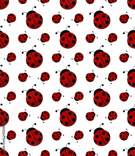 Ladybug or ladybird seamless pattern, realistic red and black beetle for logo, ecology poster, summer or spring poster, seasonal poster, floral pattern, t-shirt print. Vector cartoon illustration