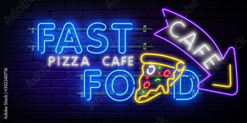 Cafe pizza neon sign. Pizza slice with melted cheese. Night bright advertisement. Vector illustration in neon style for fast food restaurant and hunger