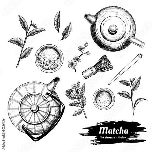 Matcha tea. Tea elements set. Hand drawn  vector illustration. Vintage style