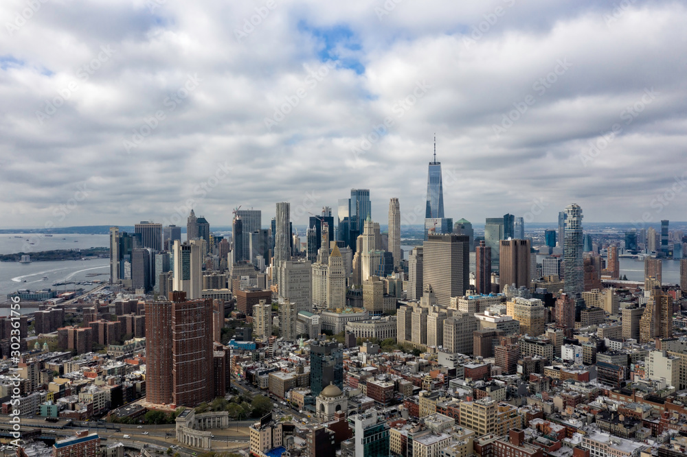 New York City aerial panorama, view of Lower Manhattan skyscrapers