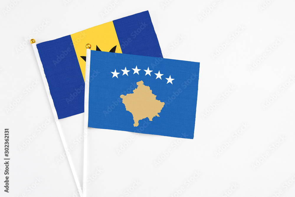 Kosovo and Barbados stick flags on white background. High quality fabric, miniature national flag. Peaceful global concept.White floor for copy space. Kosovo and Barbados stick flags on white background. High quality fabric, miniature national flag. Peaceful global concept.White floor for copy space.
