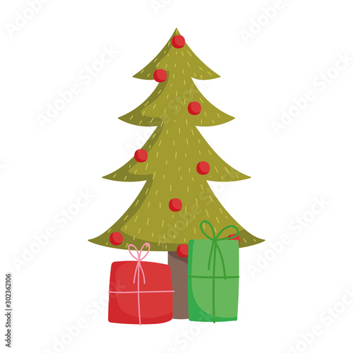 merry christmas tree with balls and gift boxes celebration