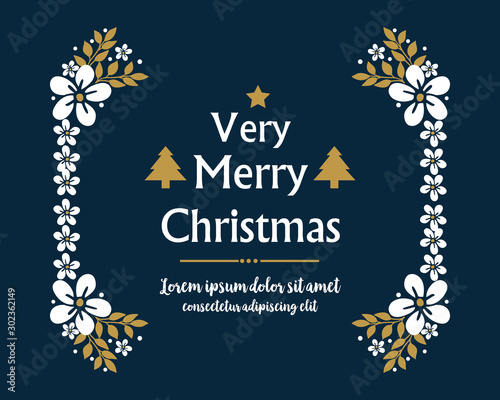 Handwritten of very merry christmas, with white flower frame, isolated on dark blue background. Vector