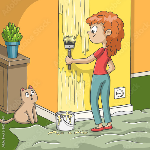 Woman renovates the flat. Hand drawn vector illustration with separate layers.