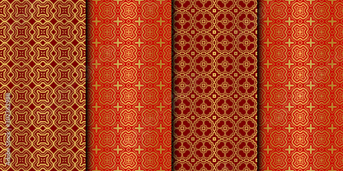Set of Seamless Pattern With Abstract Geometric Style. Repeating Sample Figure And Line. Vector illustration. red gold color.