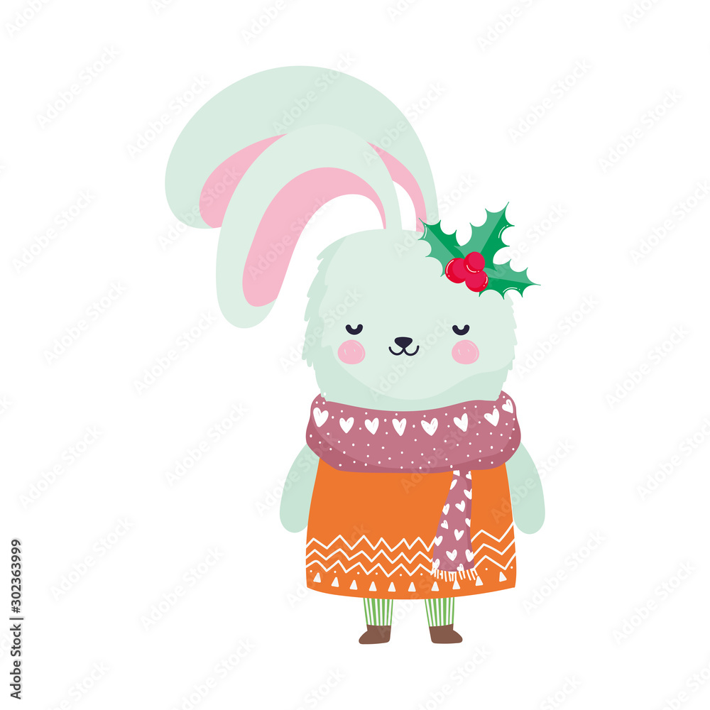 merry christmas celebration cute rabbit with scarf and holly berry