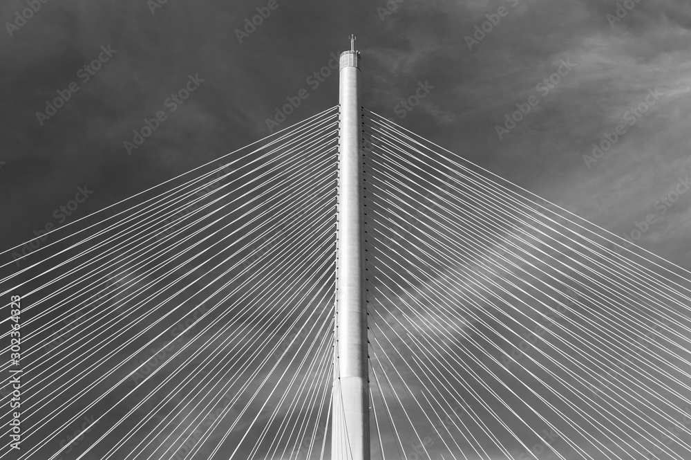 Fototapeta premium Lina i pylon nowoczesnego mostu wiszącego. Budynek streszczenie tło