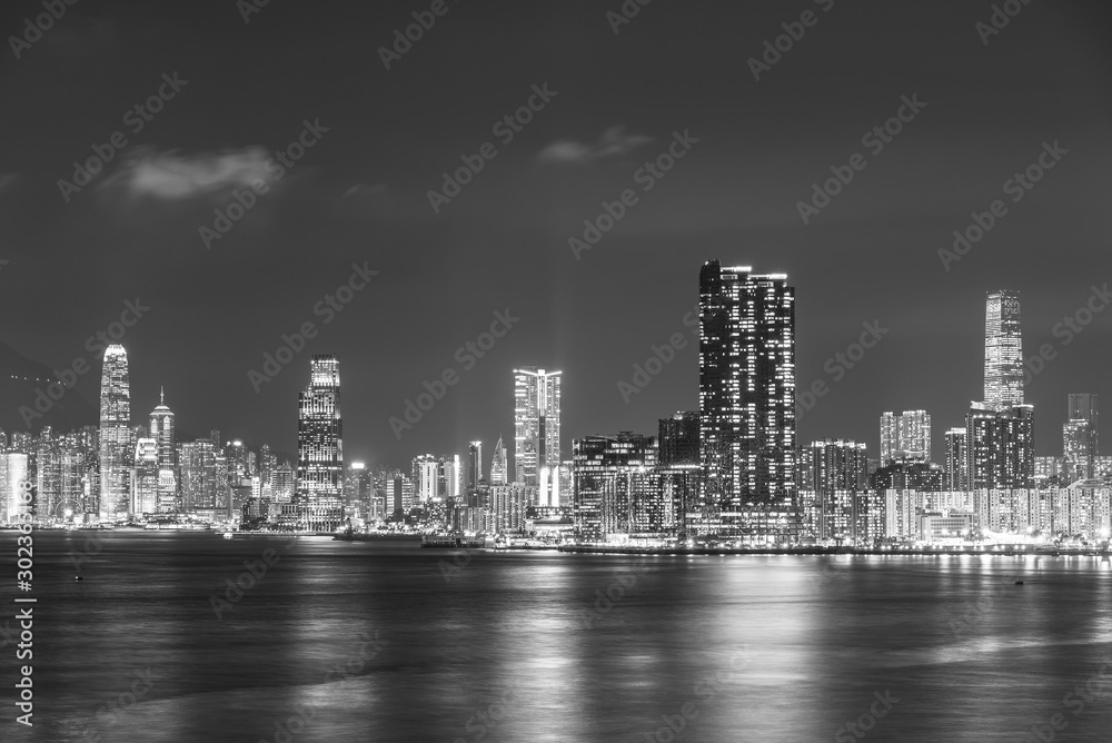 Panorama of Skyline of Victoria Harbor of Hong Kong city at night