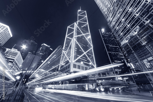 Photography traffic in central district of Hong Kong city at night
