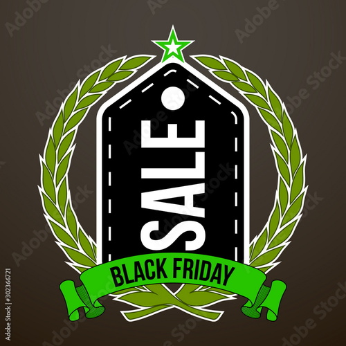 Sticker for mega-sale "Black Friday". Black Friday discount poster. Annual Christmas sales season. Big discounts in retail and online stores (up to 50%). Friday, November 29, 2019