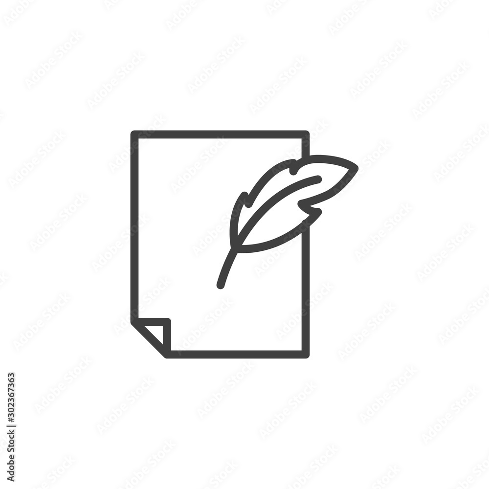 Quill pen and paper line icon. Writing linear style sign for mobile concept and web design. Page with feather pen outline vector icon. Form symbol, logo illustration. Vector graphics Quill pen and paper line icon. Writing linear style sign for mobile concept and web design. Page with feather pen outline vector icon. Form symbol, logo illustration. Vector graphics