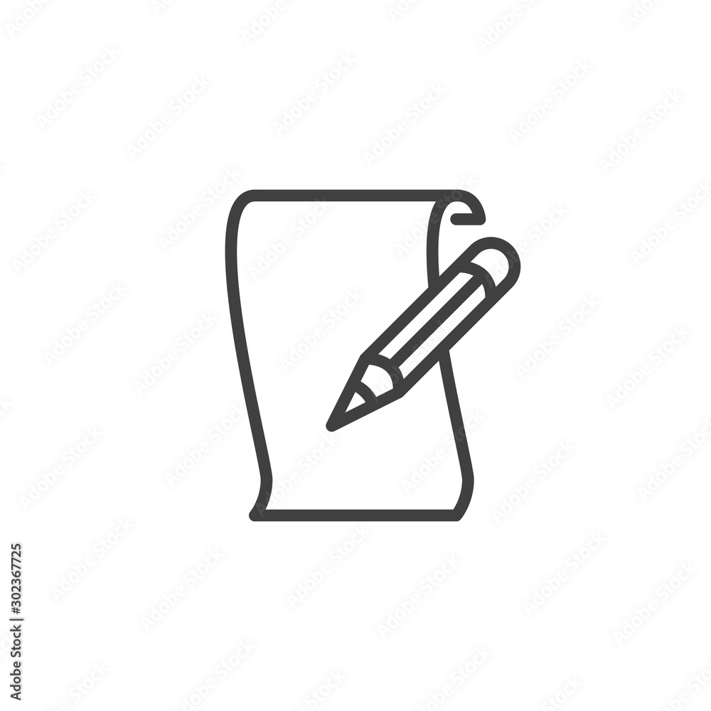 Parchment paper and pen line icon. Writing linear style sign for mobile concept and web design. Pen with document paper outline vector icon. Symbol, logo illustration. Vector graphics Parchment paper and pen line icon. Writing linear style sign for mobile concept and web design. Pen with document paper outline vector icon. Symbol, logo illustration. Vector graphics