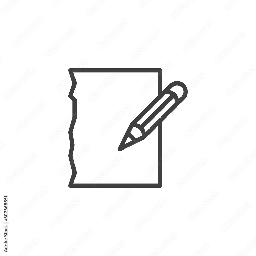 Pencil and paper line icon. Document edit linear style sign for mobile concept and web design. Note paper and pen outline vector icon. Writing form symbol, logo illustration. Vector graphics Pencil and paper line icon. Document edit linear style sign for mobile concept and web design. Note paper and pen outline vector icon. Writing form symbol, logo illustration. Vector graphics