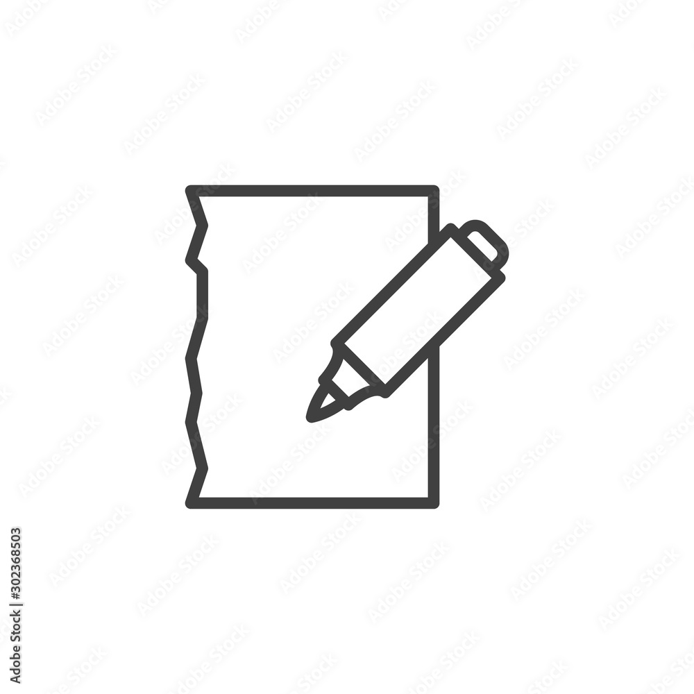 Felt pen and paper line icon. Document edit linear style sign for mobile concept and web design. Note paper and marker pen outline vector icon. Writing form symbol, logo illustration. Vector graphics Felt pen and paper line icon. Document edit linear style sign for mobile concept and web design. Note paper and marker pen outline vector icon. Writing form symbol, logo illustration. Vector graphics