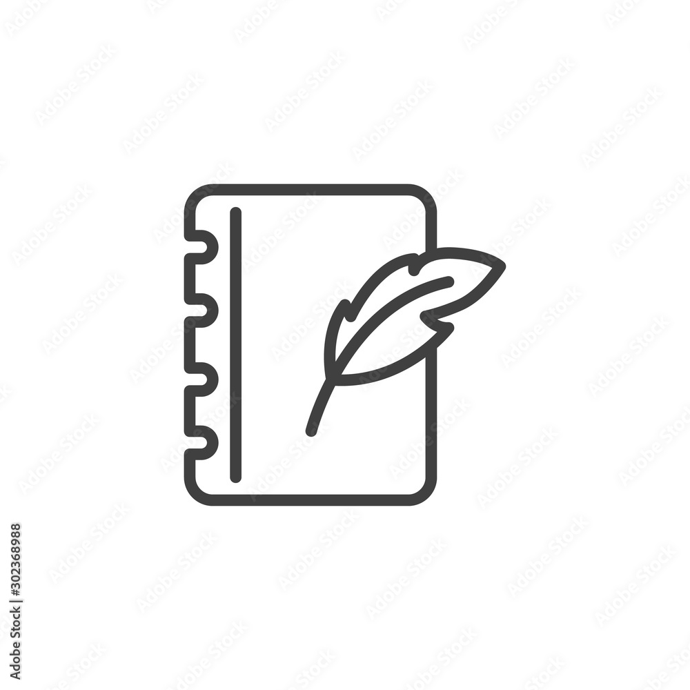 Feather pen and notebook page line icon. linear style sign for mobile concept and web design. Notepad paper with quill pen outline vector icon. Writing form symbol, logo illustration. Vector graphics Feather pen and notebook page line icon. linear style sign for mobile concept and web design. Notepad paper with quill pen outline vector icon. Writing form symbol, logo illustration. Vector graphics
