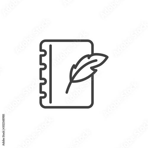 Feather pen and notebook page line icon. linear style sign for mobile concept and web design. Notepad paper with quill pen outline vector icon. Writing form symbol, logo illustration. Vector graphics