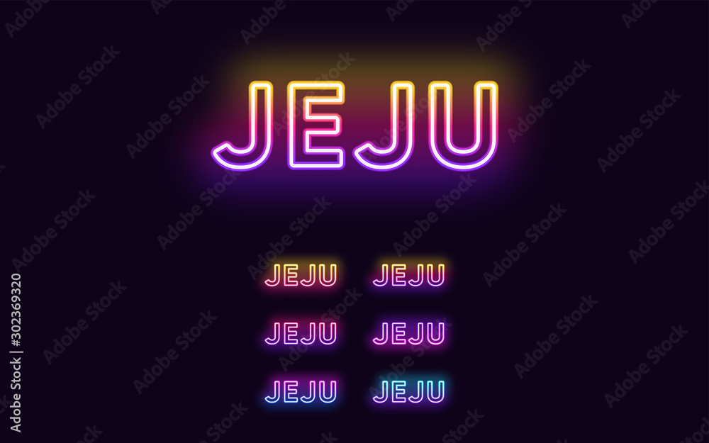 Neon Jeju name, City in South Korea. Neon text of Jeju city. Vector set of glowing Headlines